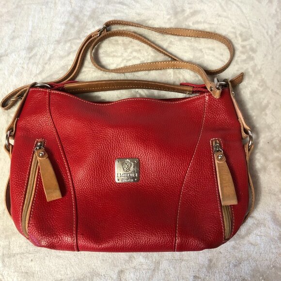 I Medici Firenze Italian Pebbled Leather Red & Tan Crossbody Shoulder Bag Purse - Picture 3 of 16